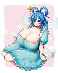 Rule 34 | 1girl, absurdres, blue dress, blue eyes, blue hair, blush, breasts, cleavage, collarbone, commentary request, dress, flower, gigantic breasts, hagoromo, hair ornament, hair rings, hair stick, highres, ichika (ichika manga), kaku seiga, looking at viewer, open clothes, open vest, outside border, puffy short sleeves, puffy sleeves, shawl, short hair, short sleeves, simple background, sitting, smile, solo, thighs, touhou, tsurime, vest, yokozuwari