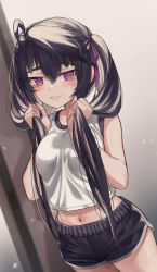 Rule 34 | 1girl, absurdres, ahoge, bare arms, bare shoulders, black hair, black shorts, blurry, blurry background, blush, breasts, commentary request, cowboy shot, dutch angle, grin, hair between eyes, hair ribbon, highres, holding, holding own hair, long hair, looking at viewer, md5 mismatch, medium breasts, midriff, navel, original, priite hari (torriet), purple eyes, purple ribbon, resolution mismatch, revision, ribbon, shirt, short shorts, shorts, sleeveless, sleeveless shirt, smile, solo, source smaller, stomach, thighs, torriet, twintails, white shirt