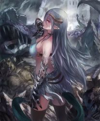 Rule 34 | 1girl, artist request, bandages, black skin, colored skin, corpse, cygames, demon girl, demon horns, demon tail, expressionless, horns, long hair, looking at viewer, looking back, monster, multicolored skin, official art, pink eyes, pointy ears, revealing clothes, ruins, safira synthetic beast, shadowverse, shingeki no bahamut, tail, thighhighs, torn clothes, white hair