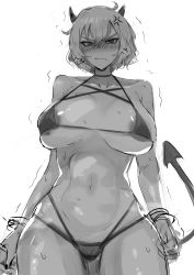 Rule 34 | 1girl, ahoge, anger vein, angry, areola slip, bikini, black horns, black tail, blush, bracelet, breasts, demon girl, demon horns, demon tail, greyscale, helltaker, highres, horns, jewelry, large breasts, looking at viewer, malina (helltaker), micro bikini, monochrome, perma39895369, sketch, swimsuit, tail, thighs, unfinished, wavy mouth, white hair