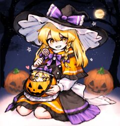 Rule 34 | 1girl, :d, bare tree, black capelet, black hat, blonde hair, bow, braid, candy, capelet, commentary request, food, frilled hat, frills, full body, full moon, fumo (doll), halloween, halloween bucket, hat, hat bow, heart, highres, holding, holding food, jack-o&#039;-lantern, kirisame marisa, lollipop, looking at viewer, moon, natucurage, night, open mouth, outdoors, purple bow, side braid, single braid, sitting, smile, solo, star (symbol), touhou, tree, twitter username, yellow eyes