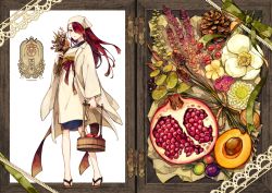 Rule 34 | 1girl, acorn, akagi shun, apron, arm at side, beads, box, bucket, earrings, flower, flower request, food, food request, fruit, geta, green ribbon, hair over one eye, head scarf, herb bundle, holding, japanese clothes, jewelry, kappougi, lab coat, lace, long hair, looking at viewer, lotus root, original, outside border, peach, pigeon-toed, pomegranate, red eyes, red hair, ribbon, rope, sash, solo, standing, white background, white flower, wooden bucket