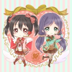 Rule 34 | 10s, 2girls, angel wings, armband, black hair, boots, bow, chibi, frills, garter straps, green eyes, hair bow, happy valentine, headset, heart, knees together feet apart, letter, love live!, love live! school idol festival, love live! school idol project, mashuhope (chinesere), multiple girls, purple hair, red eyes, ribbon, scrunchie, shoes, standing, standing on one leg, striped background, striped clothes, striped legwear, striped thighhighs, thighhighs, tojo nozomi, twintails, valentine, vertical-striped clothes, vertical-striped legwear, vertical-striped thighhighs, winged footwear, wings, yazawa nico