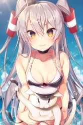 Rule 34 | 1girl, amatsukaze (kancolle), animal, bare shoulders, batsubyou, bikini, black bikini, blush, breasts, brown eyes, cat, choker, cleavage, collarbone, commentary request, garrison cap, hair tubes, hat, highres, holding, holding animal, holding cat, kantai collection, long hair, looking at viewer, military hat, mini hat, revision, side-tie bikini bottom, silver hair, small breasts, smile, solo, swimsuit, tahya, two side up, untied bikini
