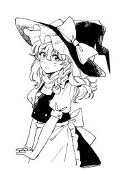 Rule 34 | 1girl, apron, black hat, black skirt, black vest, bow, braid, commentary request, greyscale, hair bow, hat, kirisame marisa, long hair, looking at viewer, monochrome, natsume (menthol), own hands together, shirt, short sleeves, simple background, single braid, skirt, smile, solo, touhou, vest, waist apron, white background, white bow, white shirt, witch hat
