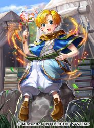Rule 34 | 1boy, blonde hair, blue eyes, book, chachie, fire, fire emblem, fire emblem: new mystery of the emblem, fire emblem cipher, grass, jubelo (fire emblem), leaf, male focus, nintendo, official art, open mouth, polearm, rock, sitting, sky, solo, spear, teeth, weapon