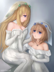 Rule 34 | 2girls, :o, artist name, bare shoulders, blanc (neptunia), blonde hair, blue eyes, blush, breasts, bridal veil, brown hair, cleavage, collarbone, commentary, dress, elbow gloves, eye contact, female focus, gloves, holding hands, hand on another&#039;s face, hand on another&#039;s knee, highres, jewelry, large breasts, lipstick, long hair, looking at another, makeup, medium breasts, multiple girls, necklace, neptune (series), short hair, simple background, sitting, smile, suterisu, veil, vert (neptunia), watermark, web address, wedding dress, white dress, white gloves, wife and wife, yuri