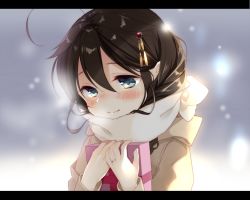 Rule 34 | 10s, 1girl, ahoge, black hair, blue eyes, blurry, blush, box, braid, coat, commentary request, depth of field, enpera, gift, gift box, hair between eyes, hair flaps, hair ornament, holding, jewelry, kantai collection, letterboxed, long sleeves, naoto (tulip), ring, scarf, shigure (kancolle), shigure kai ni (kancolle), single braid, smile, snowing, solo, upper body, valentine, wedding band, white scarf