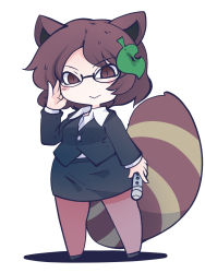 Rule 34 | 1girl, animal ears, black skirt, blush stickers, brown eyes, brown hair, chahan (fried rice0614), closed mouth, collared shirt, formal, full body, futatsuiwa mamizou, glasses, hair ornament, highres, leaf hair ornament, long sleeves, one-hour drawing challenge, pantyhose, pencil skirt, raccoon ears, raccoon tail, shirt, short hair, simple background, skirt, smile, solo, suit, tail, touhou, urban legend in limbo, white background, white shirt