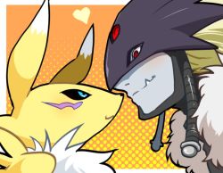 Rule 34 | 00s, 1boy, 1girl, animal nose, beelzebumon, black sclera, blue eyes, colored sclera, digimon, digimon (creature), digimon tamers, eye contact, fang, furry, heart, looking at another, red eyes, renamon, yuriyuri (ccc)