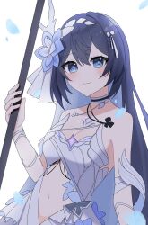 Rule 34 | 1girl, absurdres, blue eyes, blue flower, blue hair, breasts, cleavage, closed mouth, clothing cutout, commentary request, dress, flower, h2o omizu, hair flower, hair ornament, highres, holding, holding scythe, holding weapon, honkai (series), honkai impact 3rd, looking at viewer, navel, navel cutout, petals, scythe, seele vollerei, seele vollerei (herrscher of rebirth), short hair, simple background, smile, solo, stomach, upper body, very short hair, weapon, white background, white dress
