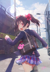 Rule 34 | 10s, 1girl, 2020, artist name, bag, black hair, blush, bow, cloud, dated, from behind, hair bow, highres, lens flare, looking at viewer, looking back, love live!, love live! school idol project, medium hair, open mouth, otonokizaka school uniform, outdoors, red bow, red eyes, running, school bag, school uniform, shamakho, skirt, sky, solo, standing, twintails, yazawa nico