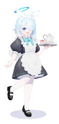 Rule 34 | 1girl, absurdres, alternate costume, apron, arona (blue archive), black dress, black footwear, blue archive, blue eyes, blue hair, blue halo, blush, braid, colored inner hair, dress, enmaided, frilled apron, frills, full body, hair over one eye, halo, highres, holding, holding tray, looking at viewer, maid, maid apron, maid headdress, multicolored hair, oiru (fattyoils), open mouth, pantyhose, pink hair, puffy short sleeves, puffy sleeves, shoes, short hair, short sleeves, simple background, single braid, smile, solo, tray, white background, white pantyhose