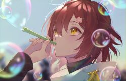 Rule 34 | 1boy, absurdres, black sweater, blurry, blurry background, bubble, blowing bubbles, bubble pipe, flower, hair between eyes, hair flower, hair ornament, hairclip, half updo, hanasaki miyabi, highres, holding, holostars, long sleeves, looking up, male focus, portrait, red hair, ribbon, shirt, short hair, solo, sweater, turtleneck, turtleneck sweater, virtual youtuber, white shirt, xmayo0x, yellow eyes, yellow ribbon