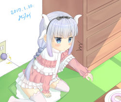 Rule 34 | 10s, 1girl, 2017, ^^^, bad id, bad pixiv id, beads, blue eyes, blunt bangs, capelet, dated, doughnut, electric plug, electrical outlet, food, frilled skirt, frills, hair beads, hair ornament, hairband, highres, horns, kanna kamui, kobayashi-san chi no maidragon, low twintails, mikoillust, plate, reaching, reaching towards viewer, silver hair, sitting, skirt, solo, thighhighs, tsurime, twintails, wariza, white skirt, white thighhighs