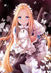 Rule 34 | 1girl, abigail williams (fate), abigail williams (festival outfit) (fate), black background, black dress, blonde hair, blue eyes, blush, braid, butterfly hair ornament, commentary request, dress, fate/grand order, fate (series), forehead, hair bun, hair ornament, hand up, heart, heroic spirit chaldea park outfit, highres, keyhole, long hair, long sleeves, looking at viewer, mutang, official alternate costume, parted bangs, parted lips, shirt, sidelocks, single hair bun, sleeveless, sleeveless dress, sleeves past fingers, sleeves past wrists, solo, stuffed animal, stuffed toy, teddy bear, very long hair, white shirt