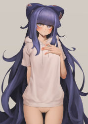 Rule 34 | 1girl, bad id, bad pixiv id, blue bow, blue hair, blunt bangs, blush, bottomless, bow, breasts, cleft of venus, drawstring, hair bow, hand on own chest, hood, hoodie, long hair, looking at viewer, ni (221), no panties, parted bangs, pussy, sidelocks, small breasts, solo, touhou, very long hair, white hoodie, yorigami shion