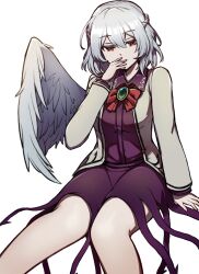 Rule 34 | 1girl, bow, bowtie, braid, breasts, brooch, collared dress, commentary request, dress, feathered wings, french braid, grey hair, hair between eyes, highres, jacket, jewelry, kishin sagume, knees together feet apart, large breasts, legs, long sleeves, looking at viewer, open clothes, open jacket, purple dress, red bow, red bowtie, red eyes, shishui guima, short hair, single wing, solo, suit jacket, touhou, white background, white wings, wing collar, wings