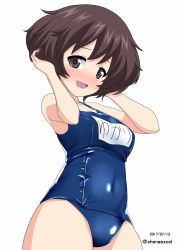 Rule 34 | 10s, 1girl, akiyama yukari, arms up, blue one-piece swimsuit, blush, breasts, brown eyes, brown hair, commentary, covered navel, cowboy shot, girls und panzer, hands in hair, highres, looking at viewer, medium breasts, messy hair, name tag, old school swimsuit, one-hour drawing challenge, one-piece swimsuit, open mouth, school swimsuit, shiina excel, shiny clothes, short hair, simple background, smile, solo, standing, sweatdrop, swimsuit, white background