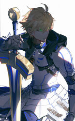 Rule 34 | 1boy, absurdres, ahoge, armor, arthur pendragon (fate), blonde hair, closed mouth, excalibur (fate/prototype), fate/grand order, fate (series), green eyes, hair between eyes, highres, holding, holding sword, holding weapon, hood, hood down, k7 (kk7 000), looking away, male focus, solo, sword, weapon, white background