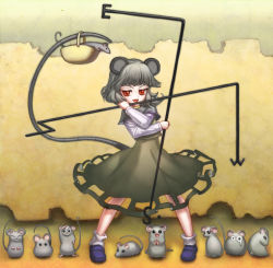 Rule 34 | 1girl, animal ears, basket, female focus, full body, grey hair, jikan harushoku, mouse (animal), mouse ears, mouse tail, nazrin, red eyes, short hair, solo, standing, tail, touhou
