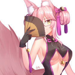 Rule 34 | 1girl, animal ear fluff, animal ears, bare shoulders, black dress, black gloves, blush, breasts, brown eyes, closed mouth, commentary request, double bun, dress, fate/grand order, fate (series), folding fan, fox ears, fox girl, fox tail, glasses, gloves, gogatsu fukuin, hair between eyes, hair bun, hair ribbon, hand fan, hand up, head tilt, highres, holding, holding fan, koyanskaya (chinese lostbelt outfit) (fate), koyanskaya (fate), large breasts, long hair, pink hair, pink ribbon, ribbon, side bun, simple background, sleeveless, sleeveless dress, smile, solo, tail, tail raised, tamamo (fate), tamamo no mae (fate/extra), underboob, white background