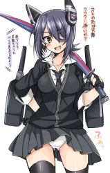 Rule 34 | 10s, 1girl, black hair, black thighhighs, blush, breasts, eyepatch, fang, fingerless gloves, gloves, headgear, kantai collection, large breasts, necktie, panties, pantyshot, partially fingerless gloves, personification, short hair, skirt, smile, solo, standing, sword, tenryuu (kancolle), thighhighs, translated, tsukudani norio, underwear, upskirt, weapon, white panties, yellow eyes