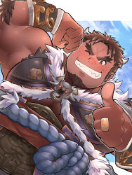 Rule 34 | 1boy, armor, bara, biceps, black nails, brown eyes, brown hair, chinese armor, cow boy, cow horns, dark-skinned male, dark skin, facial hair, flexing, forked eyebrows, fur-trimmed armor, fur trim, goatee, grin, highres, horns, jewelry, long sideburns, male focus, muscular, muscular male, one eye closed, ring, satou shouhei, short hair, sideburns, smile, solo, tetsuox (housamo), thick eyebrows, thumbs up, tokyo houkago summoners, v-shaped eyebrows