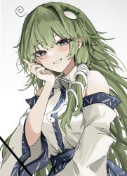 Rule 34 | 1girl, absurdres, bare shoulders, blue eyes, blush, breasts, detached sleeves, eyelashes, frog hair ornament, gohei, green hair, grin, hair ornament, half-closed eyes, hand on own cheek, hand on own face, hand up, highres, holding, holding stick, kochiya sanae, long hair, long sleeves, looking at viewer, medium breasts, messy hair, ougiikun, simple background, smile, solo, stick, touhou, upper body, vest, white background, white vest, wing collar