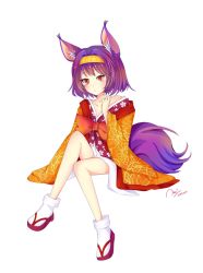 Rule 34 | 10s, 1girl, animal ear fluff, animal ears, bare legs, bow, dated, expressionless, floral print, fox ears, fox tail, hairband, hatsuse izuna, highres, japanese clothes, kimono, lemonzuice, no game no life, off shoulder, purple hair, red eyes, sandals, short hair, simple background, solo, tail, white background