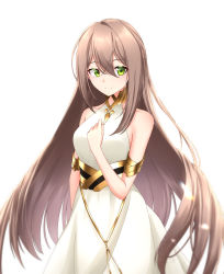 Rule 34 | 1girl, absurdres, adele (fate), armlet, bare shoulders, blush, breasts, brown hair, closed mouth, collarbone, dress, fate/grand order, fate (series), green eyes, hair between eyes, hand on own chest, highres, long hair, looking at viewer, medium breasts, rina sukareltuto, simple background, smile, solo, white background, white dress