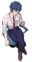 Rule 34 | 1boy, akiyoshi (tama-pete), arm rest, blue eyes, blue hair, blue pants, brown footwear, chair, closed mouth, coffee mug, collared shirt, crossed legs, cup, ear piercing, expressionless, from above, full body, glasses, hair between eyes, head tilt, holding, holding cup, id card, kaito (vocaloid), looking at viewer, male focus, mug, necktie, office chair, on chair, pants, piercing, red necktie, salaryman, shirt, simple background, sitting, sleeves rolled up, solo, swivel chair, vocaloid, white shirt