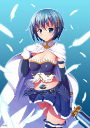 Rule 34 | 10s, 1girl, :o, belt, blue background, blue eyes, blue hair, blush, breasts, buckle, cape, cleavage, feathers, fortissimo, frills, gloves, hair ornament, highres, magical girl, mahou shoujo madoka magica, mahou shoujo madoka magica (anime), matching hair/eyes, miki sayaka, musical note, musical note hair ornament, number10 (hagakure), panties, pantyshot, short hair, simple background, skirt, solo, soul gem, striped clothes, striped panties, sweat, sword, tears, thighhighs, underwear, upskirt, weapon