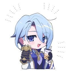 Rule 34 | 1boy, armor, black gloves, blue eyes, blue hair, blush, bubble tea, chibi, cropped torso, cup, disposable cup, genshin impact, gloves, hair between eyes, highres, holding, holding cup, homare (g hmr88), japanese armor, japanese clothes, kamisato ayato, long sleeves, looking at viewer, male focus, mole, mole under mouth, open mouth, simple background, solo, tassel, upper body, white background, wide sleeves