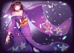 Rule 34 | 00s, 1girl, awoki, bare shoulders, breasts, brown hair, choker, cleavage, falling petals, floral print, hair blowing, hairband, highres, japanese clothes, kanzaki sumire, kimono, lips, long hair, looking at viewer, mole, mole under eye, off shoulder, outstretched arms, petals, purple eyes, red ribbon, ribbon, ribbon choker, sakura taisen, smile, solo, vignetting