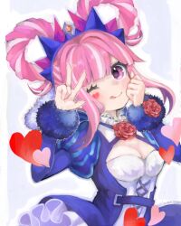 Rule 34 | 1girl, ;p, blue dress, blunt bangs, breasts, cleavage, delaware3850, dress, facial mark, fire emblem, fire emblem engage, hair rings, heart, heart facial mark, highres, hortensia (fire emblem), juliet sleeves, long sleeves, multicolored hair, nintendo, one eye closed, pink eyes, pink hair, puffy sleeves, solo, tongue, tongue out, twitter username, two-tone hair, upper body, w
