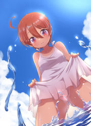 Rule 34 | 1girl, ahoge, bare arms, bare shoulders, blue sky, brown hair, closed mouth, clothes lift, cloud, commentary request, day, dress, dress lift, gluteal fold, hair between eyes, lifted by self, muu rian, original, outdoors, panties, red eyes, short hair, sky, sleeveless, sleeveless dress, smile, solo, standing, tan, tanline, underwear, water, water drop, white dress, white panties
