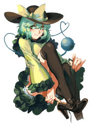 Rule 34 | 1girl, black footwear, black hat, black thighhighs, blouse, blush, bow, colored eyelashes, convenient censoring, cross-laced footwear, embarrassed, feet, frilled shirt collar, frilled sleeves, frills, green eyes, green hair, green skirt, hair between eyes, hat, hat bow, heart, heart of string, high heels, highres, komeiji koishi, leg up, long sleeves, looking to the side, pouty lips, ruukii drift, shirt, shoe dangle, shoe soles, shoes, short hair, sitting, skirt, solo, string, tareme, thighhighs, thighs, third eye, touhou, unworn shoe, yellow shirt