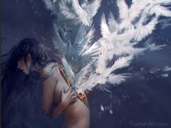 Rule 34 | 1girl, angel wings, bird, black hair, closed eyes, closed mouth, commentary, covering privates, covering breasts, dove, english commentary, grey background, highres, lips, long hair, nude, original, profile, rain, solo, third-party source, watermark, web address, wings, yuumei