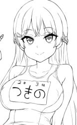 Rule 34 | 1girl, asanagi, bare shoulders, braid, breasts, closed mouth, collarbone, covered erect nipples, crossed bangs, eyebrows, eyelashes, french braid, greyscale, large breasts, lineart, long hair, monochrome, name tag, nijisanji, one-piece swimsuit, school swimsuit, simple background, smile, solo, straight hair, swimsuit, tsukino mito, upper body, virtual youtuber, white background