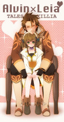 Rule 34 | 1boy, 1girl, ^ ^, alvin (tales), bike shorts, black gloves, blush, boots, bow, braid, brown hair, chair, character name, closed eyes, coat, copyright name, couple, detached collar, closed eyes, flower, full body, gloves, green eyes, hair flower, hair ornament, hair ribbon, hairband, heart, height difference, hetero, inuhachi, knee boots, leia rolando, pants, ribbon, shoes, short hair, sitting, sitting on lap, sitting on person, smile, sparkle, tales of (series), tales of xillia