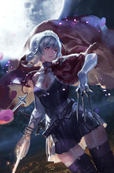 Rule 34 | 1girl, alternate costume, apron, assassin&#039;s creed, assassin&#039;s creed (series), belt, between fingers, black dress, black thighhighs, boots, braid, cape, cowboy shot, dress, elbow gloves, full moon, garter straps, gloves, holding, izayoi sakuya, kishiyo, knife, maid, maid apron, moon, night, pink eyes, silver hair, sky, solo, sword, thigh boots, thighhighs, touhou, twin braids, weapon, white gloves