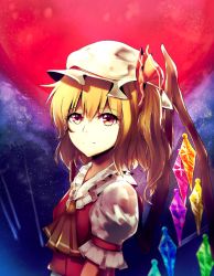 Rule 34 | 1girl, bad id, bad pixiv id, blonde hair, commentary, ascot, expressionless, flandre scarlet, full moon, hat, hat ribbon, looking at viewer, meilynn-hayakan, meteor, mob cap, moon, night, outdoors, puffy short sleeves, puffy sleeves, red eyes, red moon, red vest, ribbon, short hair, short sleeves, side ponytail, sky, solo, star (sky), starry sky, touhou, upper body, vest, wings