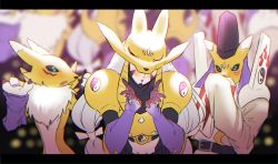Rule 34 | 3girls, animal nose, armor, black sclera, blue eyes, blush, body fur, colored sclera, covered collarbone, covered eyes, covering own mouth, digimon, digimon (creature), fox, furry, furry female, gloves, highres, letterboxed, long hair, multiple girls, neck fur, renamon, robe, sakuyamon, taomon, very long hair, white robe, yellow armor, yin yang
