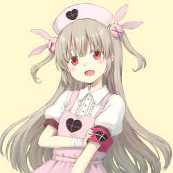 Rule 34 | 104, 1girl, apron, armband, bandaged arm, bandages, blush, buttons, center frills, dress, fang, frills, hair ornament, hat, heart, light brown hair, long hair, looking at viewer, natori sana, nurse cap, open mouth, pink apron, pink dress, pink hat, puffy short sleeves, puffy sleeves, rabbit hair ornament, red eyes, sana channel, shirt, short sleeves, smile, two side up, upper body, virtual youtuber, yellow background