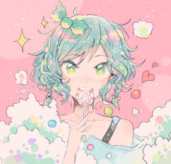 Rule 34 | 1girl, aqua hair, bang dream!, bow, braid, candy, collarbone, food, green bow, green eyes, hair bow, heart, hikawa hina, holding, holding candy, holding food, holding lollipop, itomugi-kun, lollipop, looking at viewer, off shoulder, pink background, short hair, side braids, soap bubbles, solo, sparkle, star-shaped pupils, star (symbol), symbol-shaped pupils, upper body