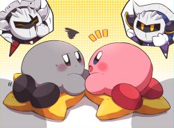 Rule 34 | 2boys, 2others, armor, ass, behind another, blue eyes, blush, closed eyes, colored skin, dark meta knight, feet, from behind, frown, gloves, gradient background, happy, highres, holding hands, jitome, kirby, kirby (series), looking at another, looking back, mask, meta knight, mittens, motion lines, multicolored background, multiple boys, multiple others, multiple persona, nintendo, no humans, notice lines, open mouth, orange eyes, pauldrons, polka dot, polka dot background, purple footwear, red eyes, red footwear, scar, scar across eye, scar on face, scribble, sexually suggestive, shadow, shadow kirby, shoulder armor, smile, spoken character, star (symbol), subaru331, sweat, sweatdrop, warp star, white background, yellow background, yellow eyes