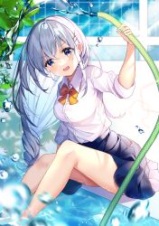 Rule 34 | 1girl, :d, absurdres, black skirt, blue eyes, blue sky, bow, bowtie, cloud, cloudy sky, highres, holding, hose, kasumillust, long hair, long sleeves, looking at viewer, open mouth, original, outdoors, school uniform, shirt, skirt, sky, smile, solo, wading, wading pool, water, white hair, white shirt, yellow bow, yellow bowtie