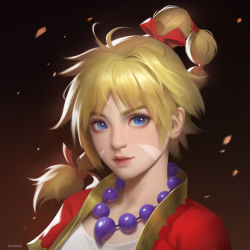 Rule 34 | 1girl, blonde hair, blue eyes, chrono cross, dark duck, facial mark, gradient background, high ponytail, highres, jewelry, kid (chrono cross), long hair, looking at viewer, multi-tied hair, necklace, parted bangs, ponytail, portrait, solo
