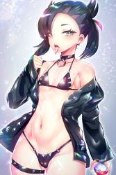 Rule 34 | 1girl, alternate costume, aqua eyes, asymmetrical hair, bare shoulders, bikini, black hair, black jacket, blush, breasts, cameltoe, choker, cleft of venus, commentary request, creatures (company), dress, duplicate, game freak, hair ribbon, highres, jacket, looking at viewer, marnie (pokemon), micro bikini, nail polish, nintendo, o-ring, off-shoulder jacket, off shoulder, piercing, poke ball, poke ball (basic), pokemon, pokemon swsh, ribbon, silly (marinkomoe), sleeves past wrists, small breasts, solo, swimsuit, tongue, tongue out, tongue piercing, twintails, undercut